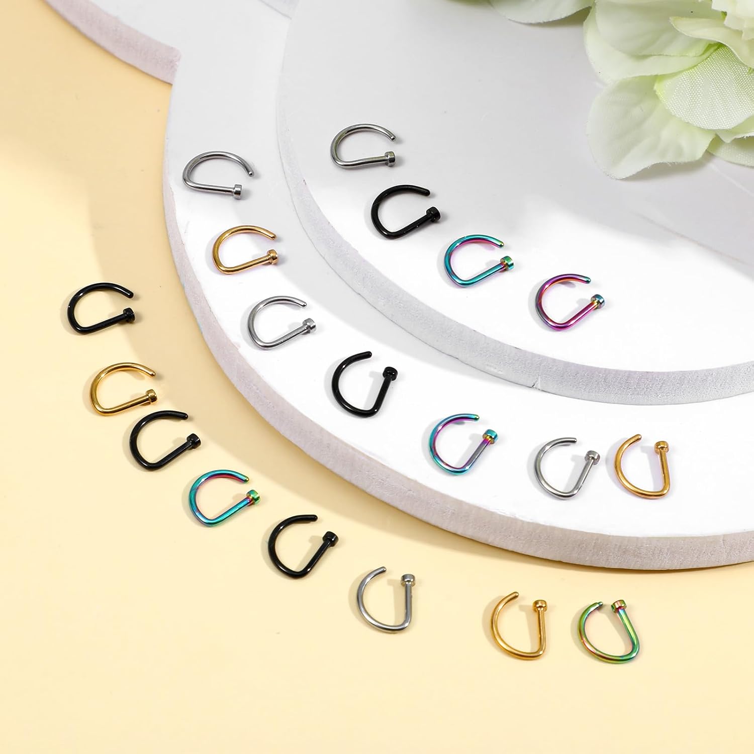 20PCS D Shaped Fake Nose Ring Hoop, 8mm Stainless Steel Fake Nose Piercing Lip Hoop Rings Faux Septum Ring for Women Men