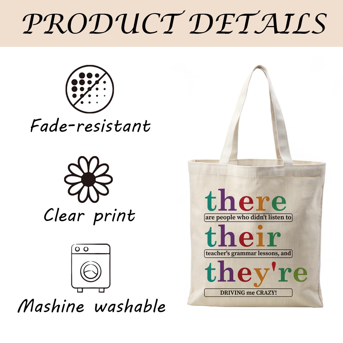 WDSXWH Teacher Canvas Totes, Their There They're Canvas Totes for English Teacher, Funny English Teacher Gift, Reusable Cloth Cotton Tote Bags, Casual Cotton Tote Bag for Work, Travel & Daily Use - Image 3
