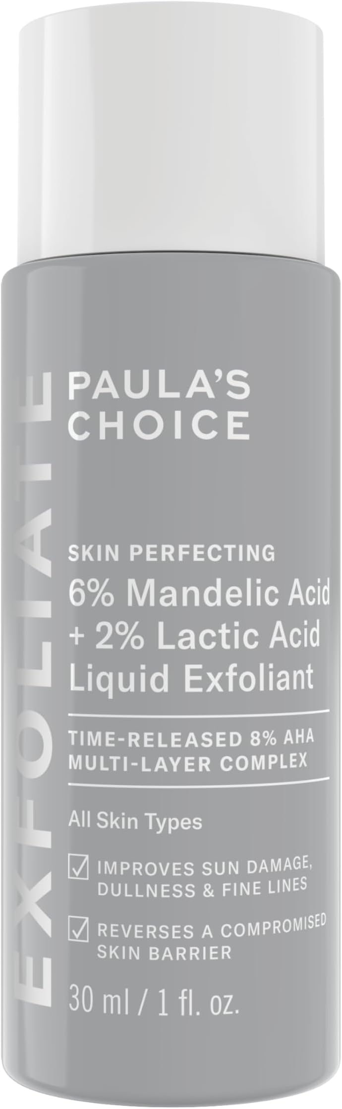 SKIN PERFECTING 6% Mandelic Acid + 2% Lactic Acid AHA - AHA Exfoliant - Visibly Reduces Fine Lines and Wrinkles - with Yarrow Extract - All Skin Types - 30 ml