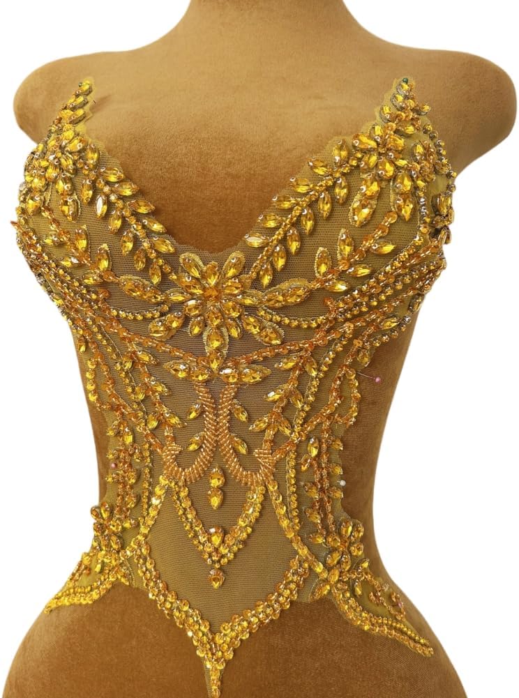 Hand Beaded Sewing Lace Patches Costumes Appliques with sew on Crystals Rhinestones for Crafts DIY Protects Wedding Evening Party Dance Clothes Accessories (Gold)