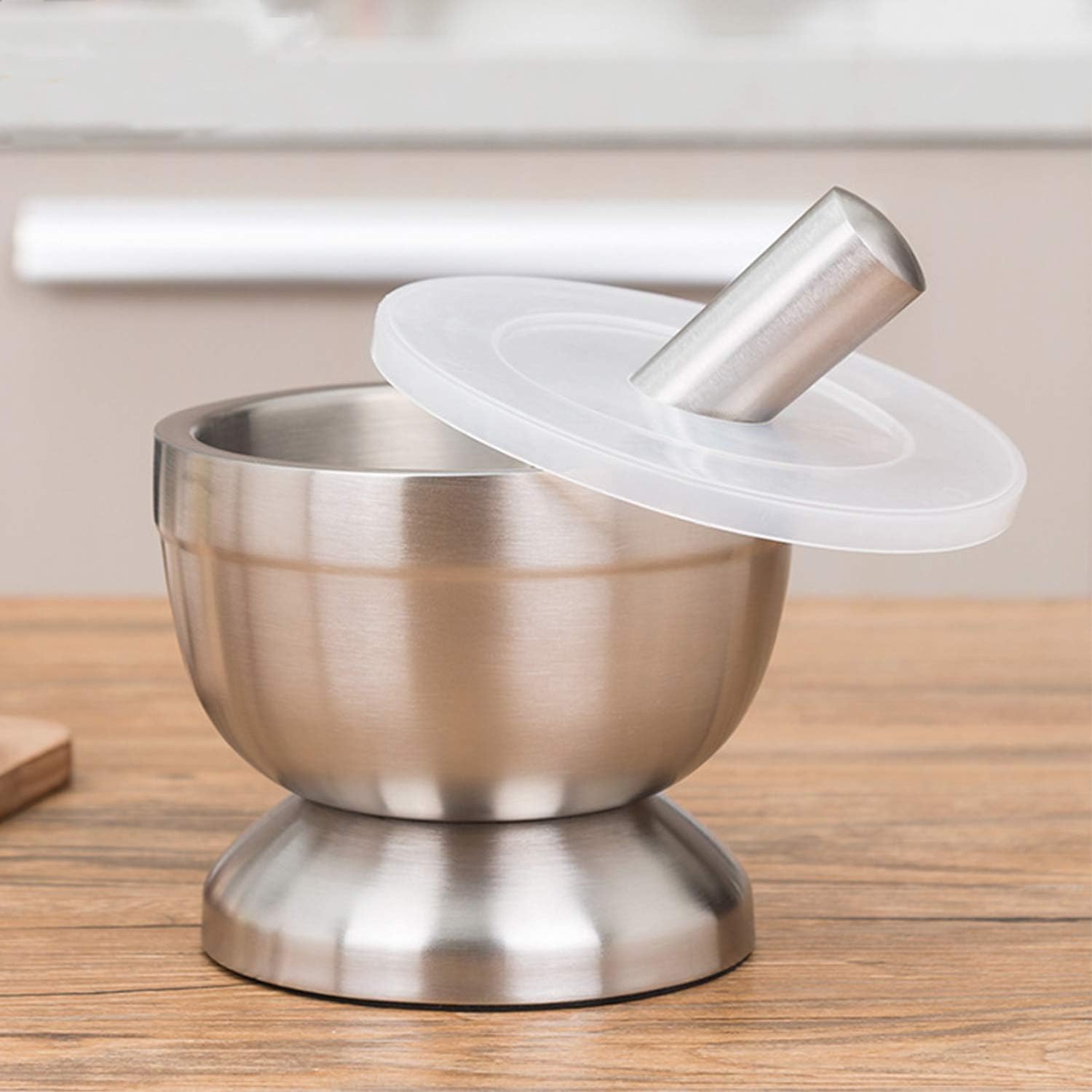 Bekith Brushed Stainless Steel Mortar and Pestle with Non-Skid Base