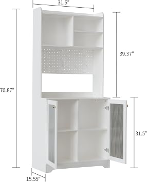 GarveeHome 71 in Pantry Storage Cabinet with Doors, Kitchen Storage Cabinets with DIY Pegboard & Adjustable Shelves, Hutch Cabinet for Kitchen Dining Room Living Room(31.5 in x15.5 in x71 in), White