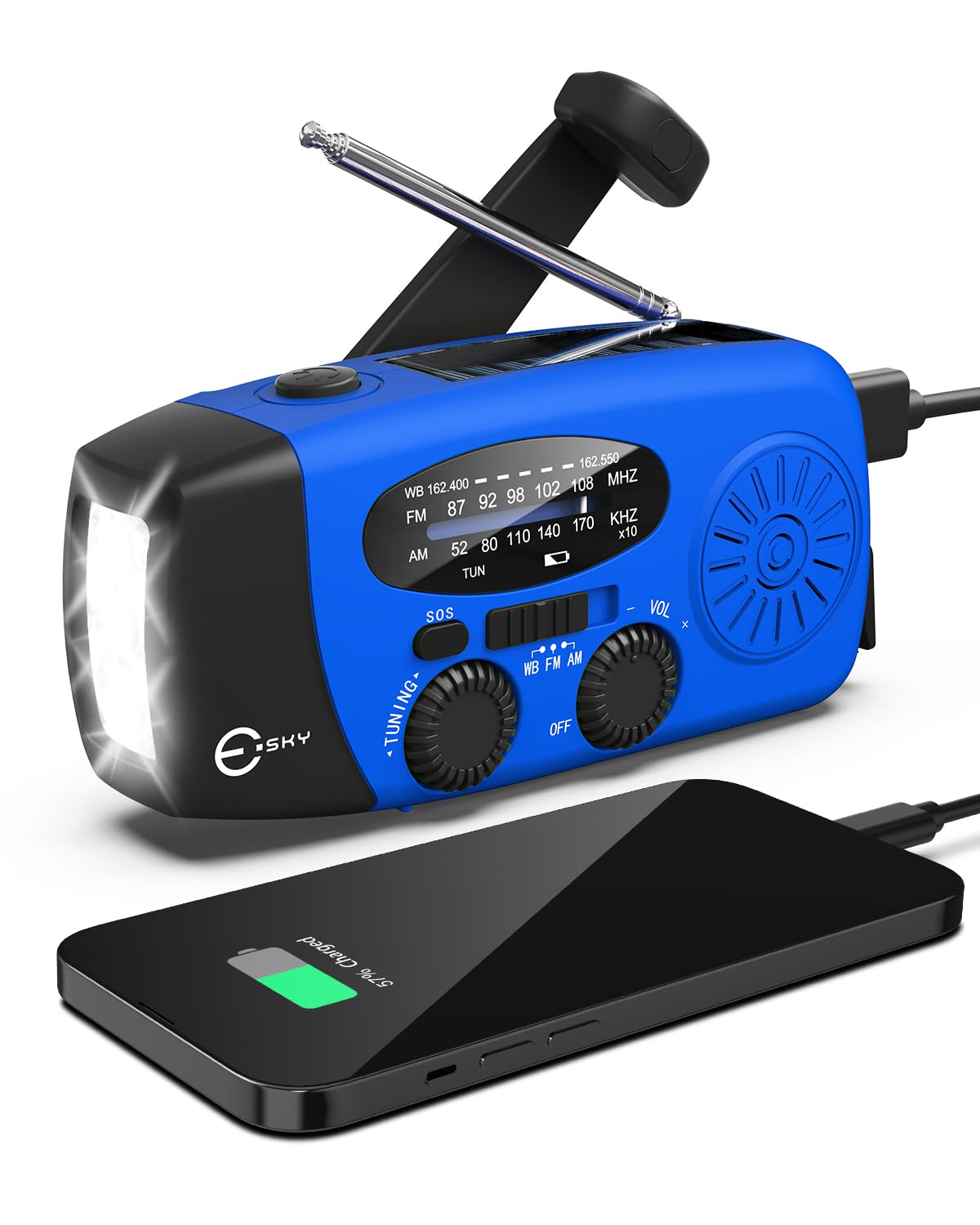 Esky Emergency Hand Crank Radio with 3 LED Flashlight, AM/FM/NOAA Portable Weather Radio with 2000mAh Rechargeable Battery, Solar Powered USB Charged Radio for Indoor Outdoor Camping, Blue