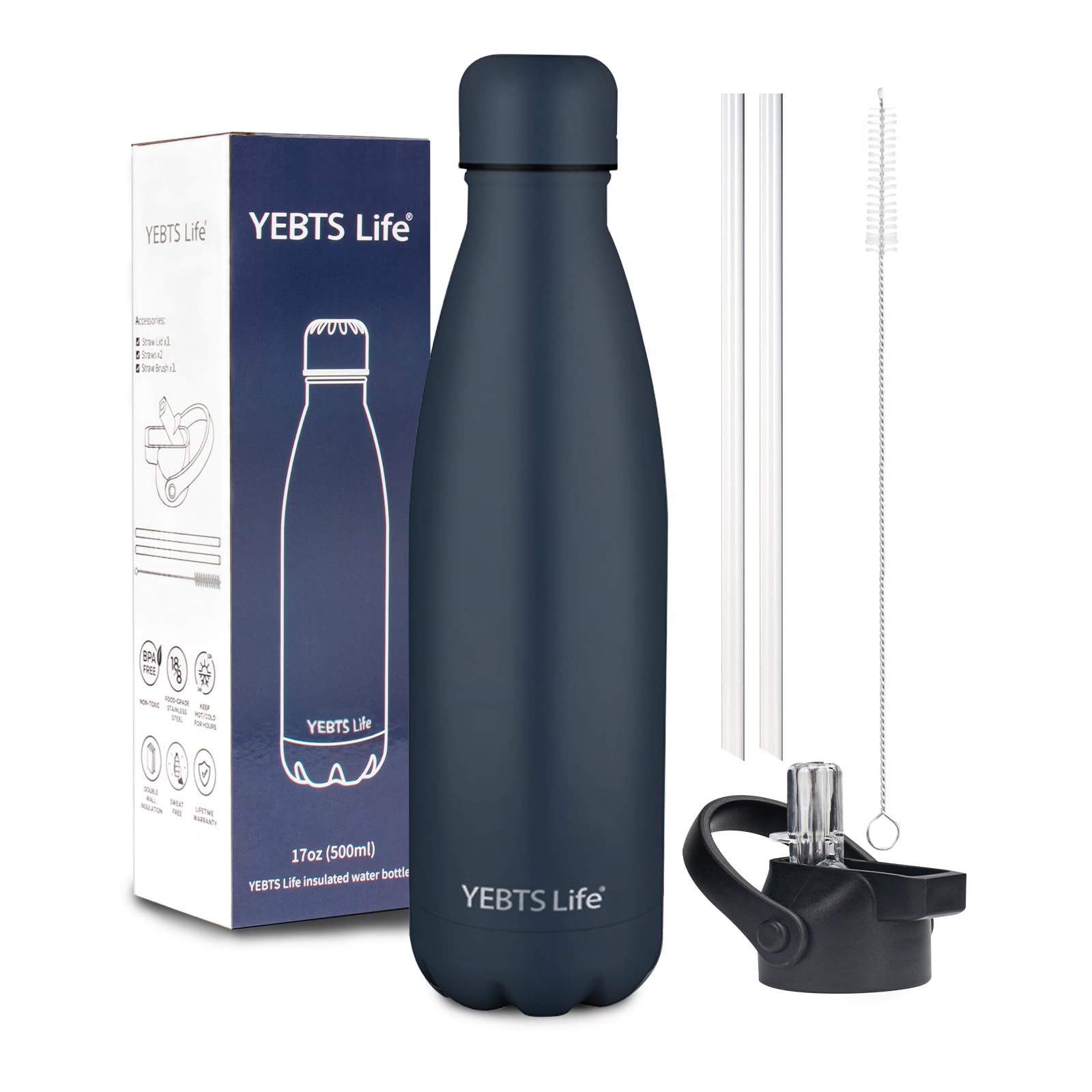 Insulated Water Bottle, 17oz Stainless Steel Water Bottles with straw lid, Metal Sports Water Bottles for Boys,Girls, Double Wall Vacuum BPA-Free