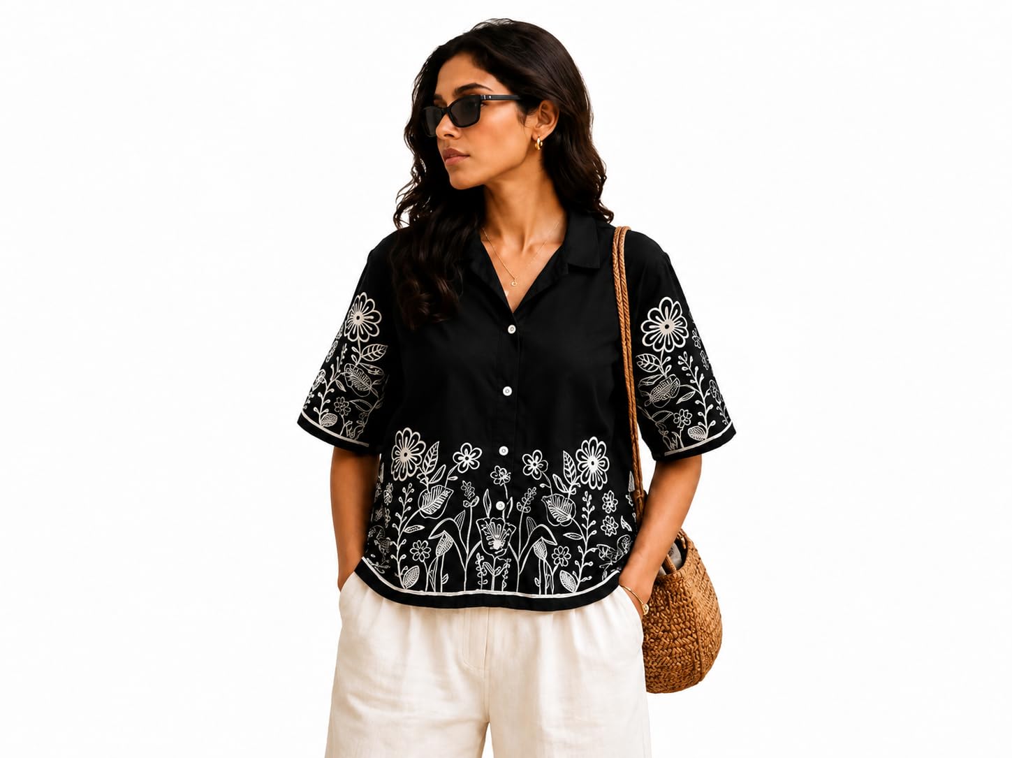 Women Embroidered Oversized Fit Spread Collar Stylish Women's Shirts & Dresses Solid Front Button Rayon Shirt-image-7