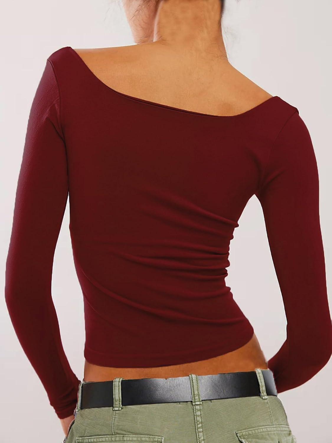 Square Neck Shirt for Women - Long Sleeve Going Out Tops Double Lined Tight Crop T Shirt Slim Fit - Image 3