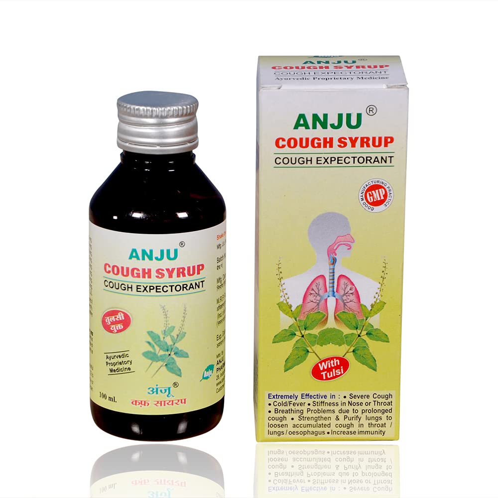 ANJU AYURVEDA Cough Syrup with Tulsi Relief from cough, Stiffness in Nose or Throat | Non-drowsy Formula| Made with Herbs - (100 ML* 2 PC)