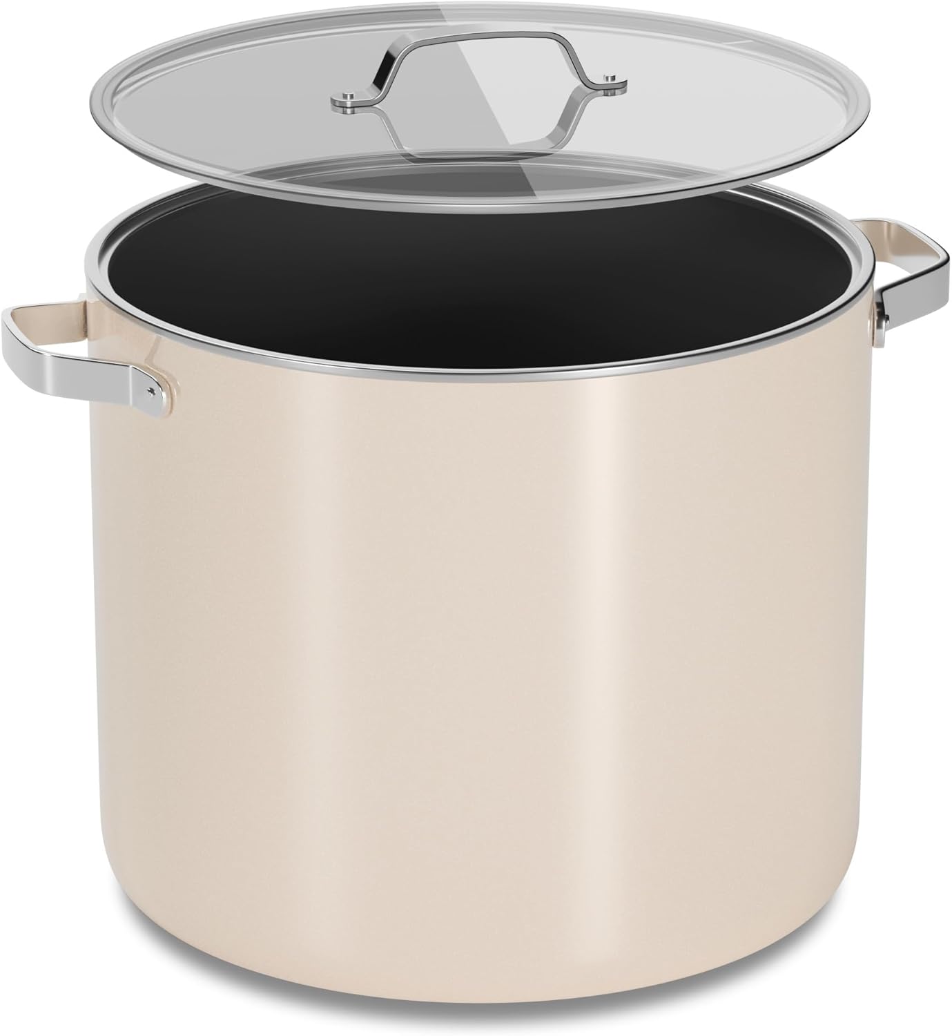 Bakken 12.5 Quart Ceramic Coated Stock Pot with Lid, Easy Clean Nonstick Pot, Tempered Glass Lid, Riveted Stainless Steel Handles, Oven Safe Up To 500F, PTFE & PFAS Free, All Stove Compatible, Cream