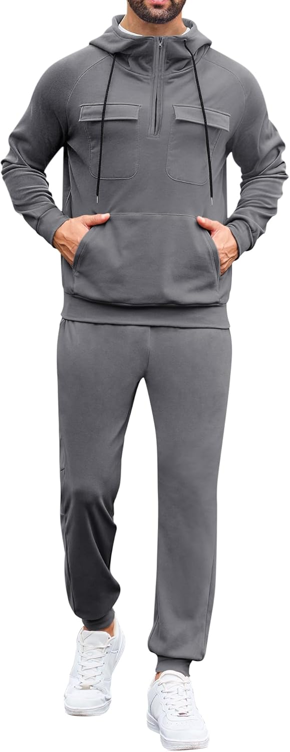 LecGee Men's Fall 2 Pieces Tracksuit Set Hoodie Long Sleeve 1/4 Zip Sweatsuits Casual Outfit With Kangaroo Pouch Pocket