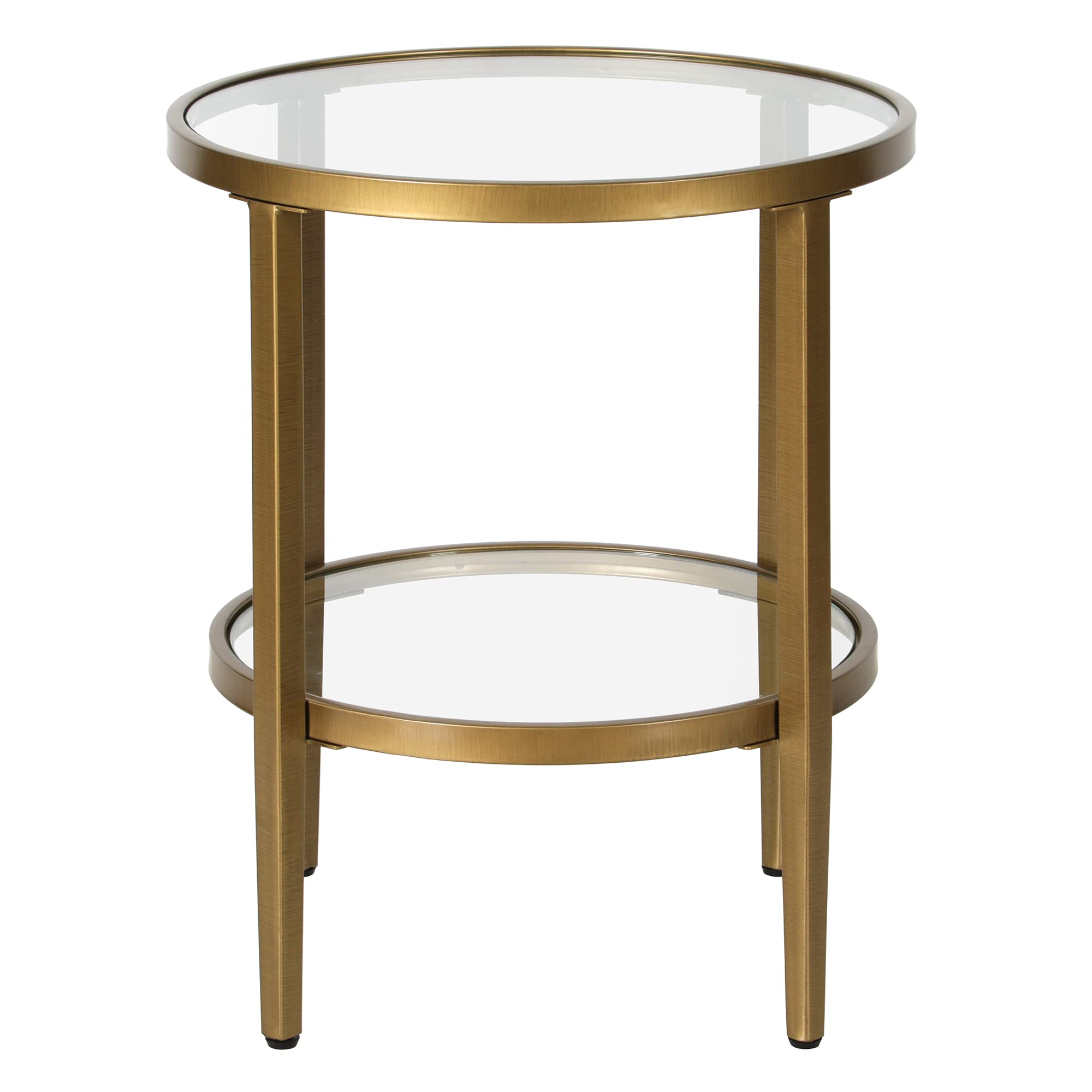 Henn&Hart 20" Wide Round Side Table with Glass Shelf in Antique Brass, Table for Living Room, Bedroom | Glass shelves add airy display space and modern glam style beside sofas, beds, or accent chairs