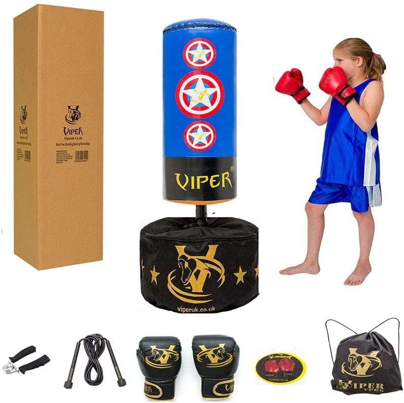 Kids Junior Boxing Free Standing Punch Bag Set Children Girls Gloves Skipping Rope Blue Cap