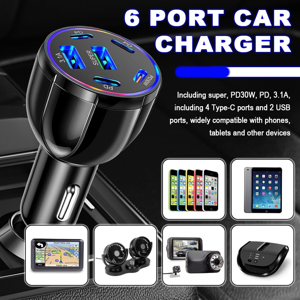 Cargador de coche de 6 puertos USB C y USB A, adaptador de cargador de coche ultrarrápido de 75 W con Super/PD30W/PD/3.1A, adaptador universal de 12V/24V para encendedor de coche, adaptador USB para