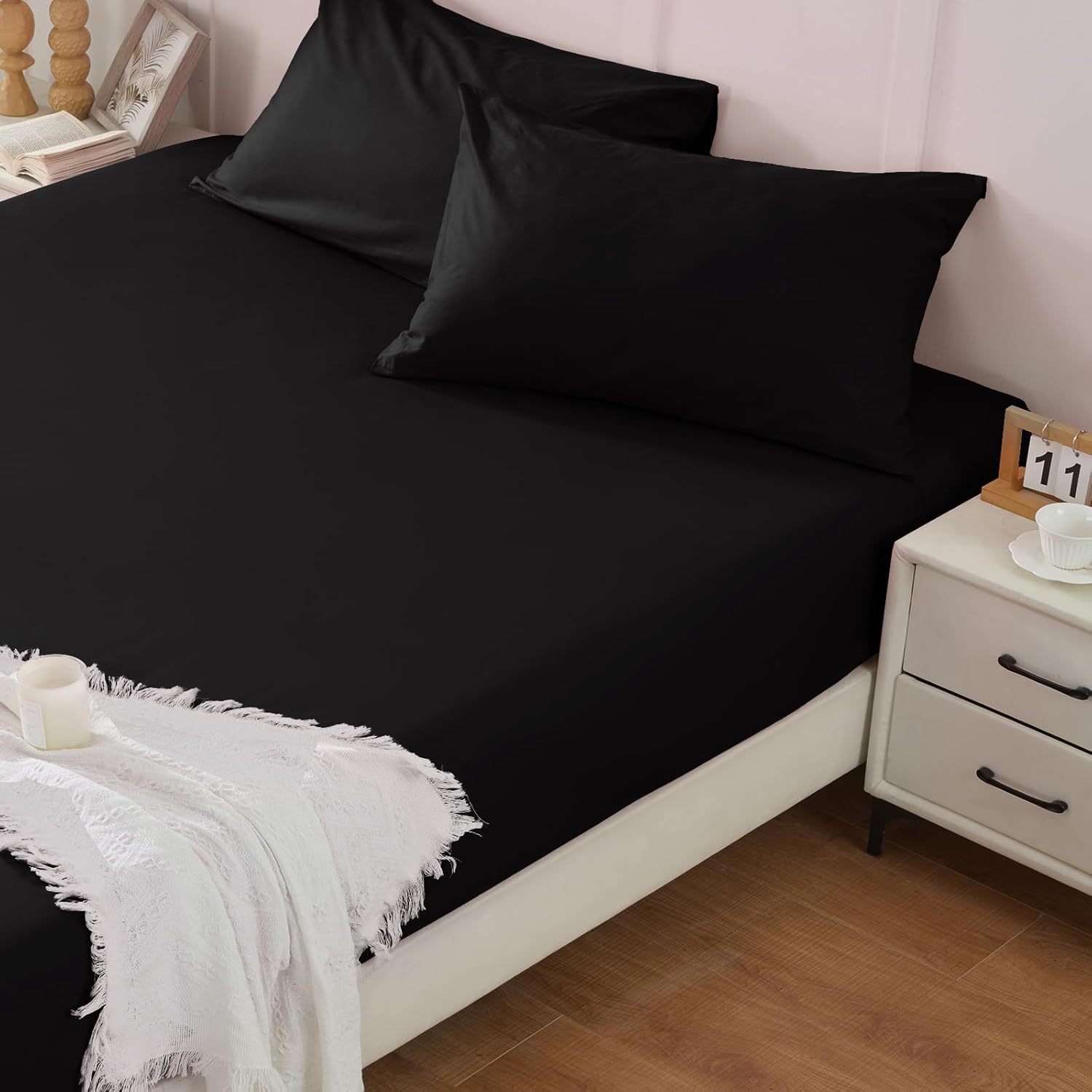 Homiest 3PCS Pure Cotton Fitted Sheet & Pillowcase Set, King Size, 400 Thread Count, Soft & Breathable, 15 Inch Deep Pocket, Luxury 5-Star Hotel Quality Cotton Sheets, Black