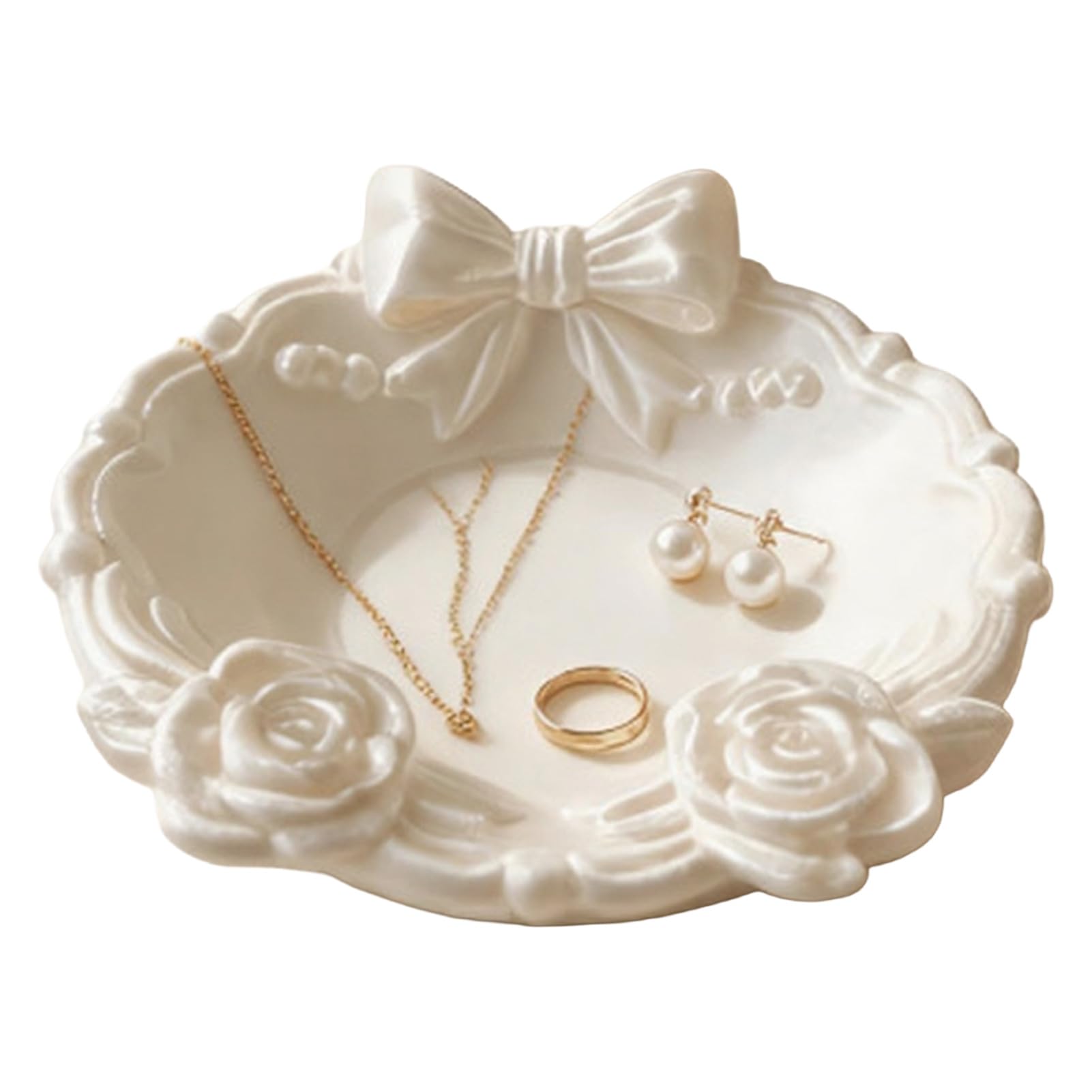 Glifora 3D Printed Jewelry Tray - Small Round Ring Holder Dish with Bow for Women and Girls, Floral Trinket Bowl Jewelry Organiser for Vanity and Dresser Decor
