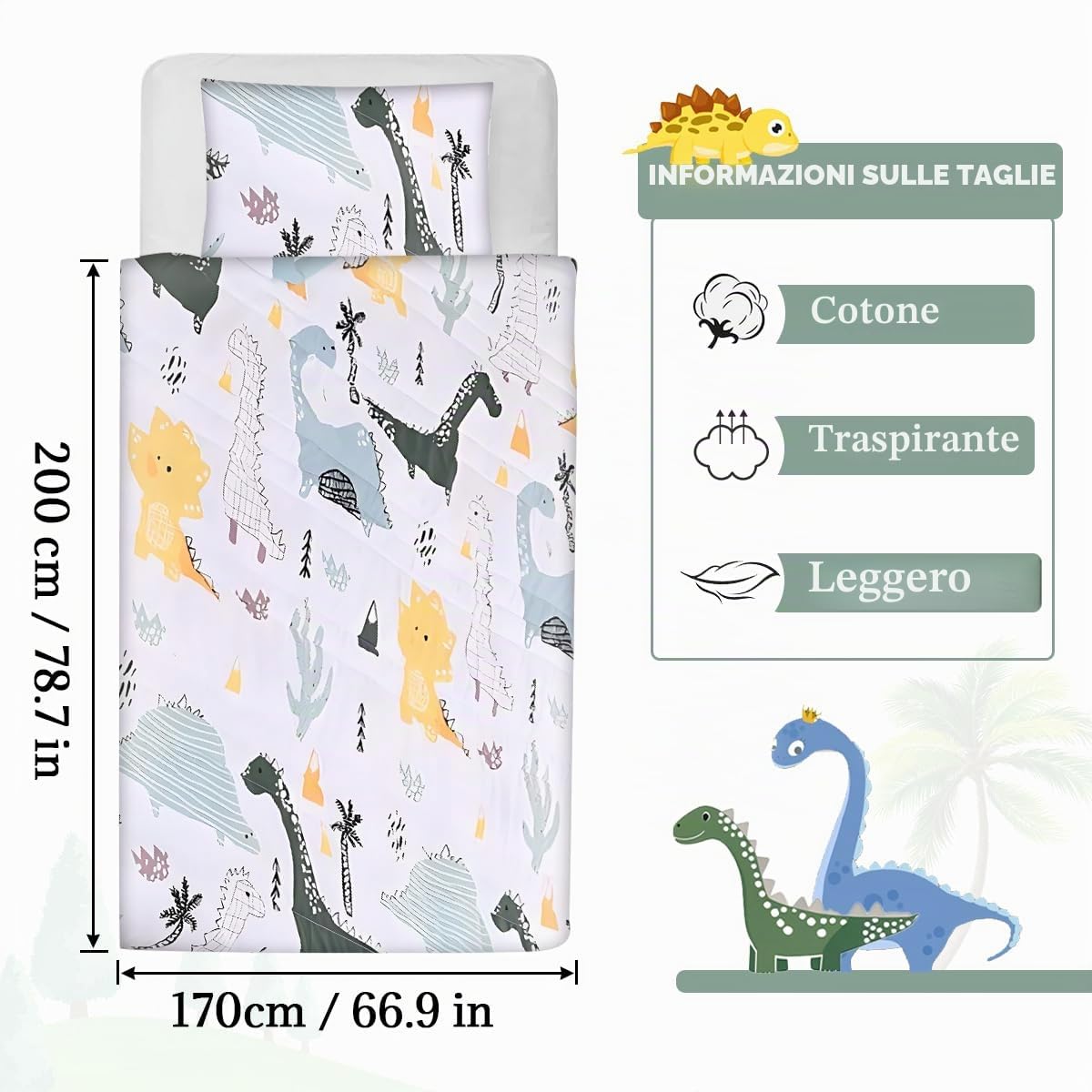 FANSU Copriletto Trapuntato 170x200cm, Microfibra Copriletto Matrimoniale, Tema dei Dinosauri Trapunta Matrimoniale, Primaverile Estivo Reversibile Trapunta Leggero Elegante