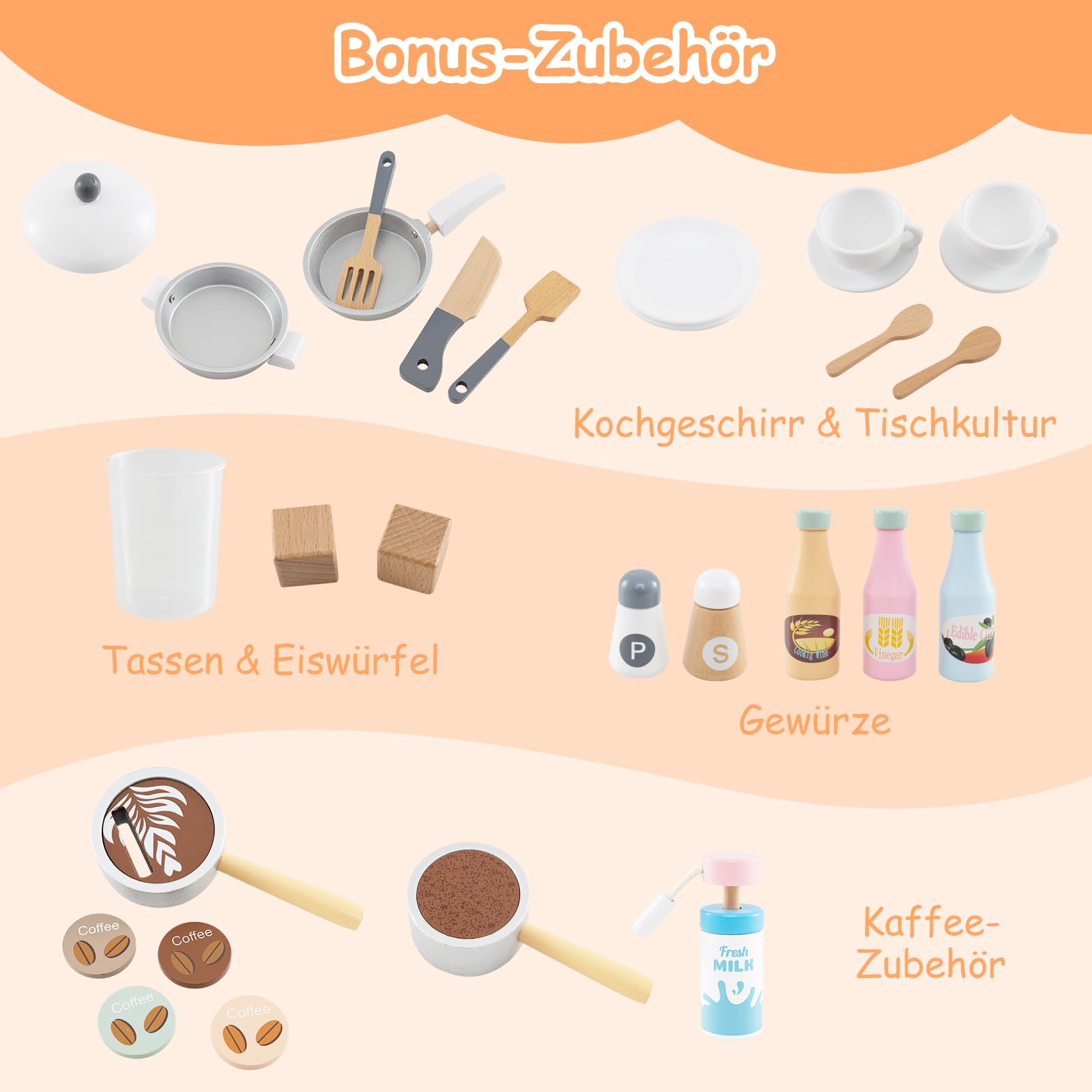 GOPLUS Kuchnia do zabawy dla dzieci, kuchnia dziecięca z kuchenką, zlewem, ekspresem do kawy, ekspresem do lodów, mikrofalówką, pralką, uchwytem na naczynia, akcesoria, kuchnia drewniana dla dzieci od