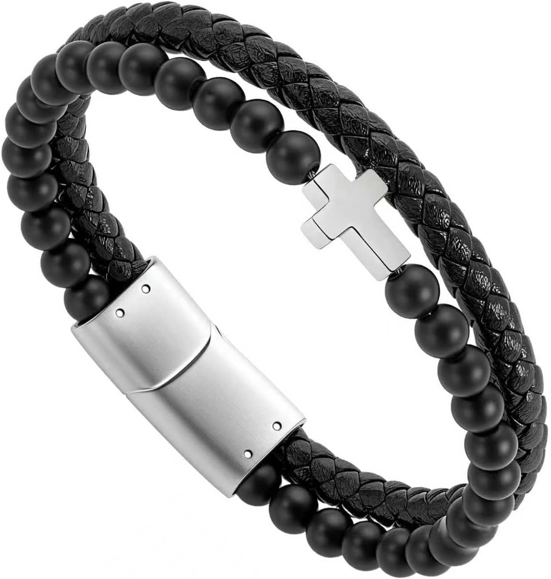 Mens Bracelet Cross, Black Braided Leather with Stainless Steel Cross & Onyx Bead Cuff Bracelet,7.5-9.5 Inch Fit for Dad, Brother, Son - Bible Verse Christian Religious Gift for Men