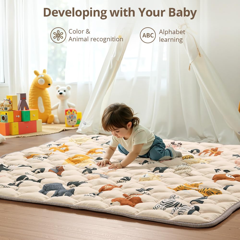 COMOMY Krabbelmatte Baby 127x127 cm, Dicke und Weiche Spielmatte Baby Faltbar, Rutschfeste Schadstofffrei Krabbeldecke für Baby, Baby Play Mat für Laufstall (Beige)