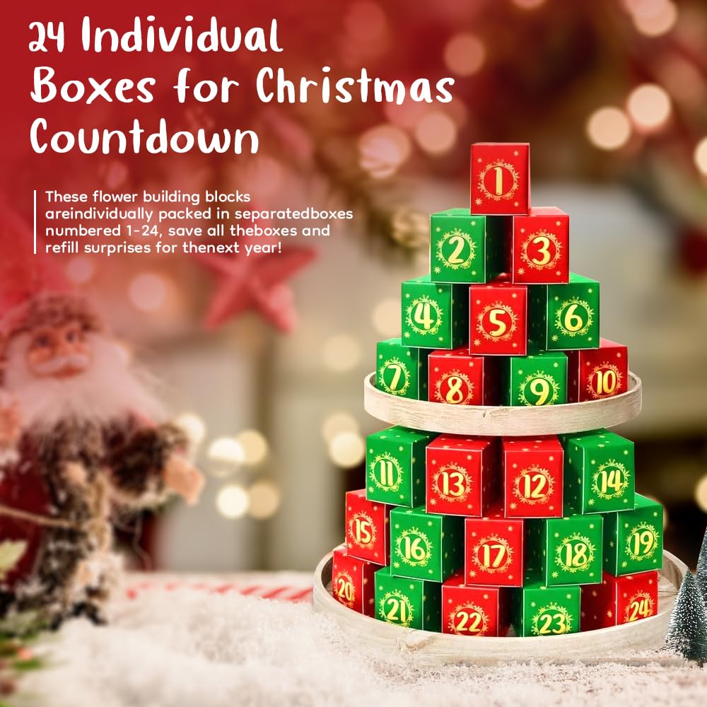 RPixc Calendario de Adviento 2024 para niños, adultos y adolescentes, ramo de bloques de construcción, calendario de cuenta regresiva de Navidad, bloques de construcción de flores silvestres, caja de — view 2