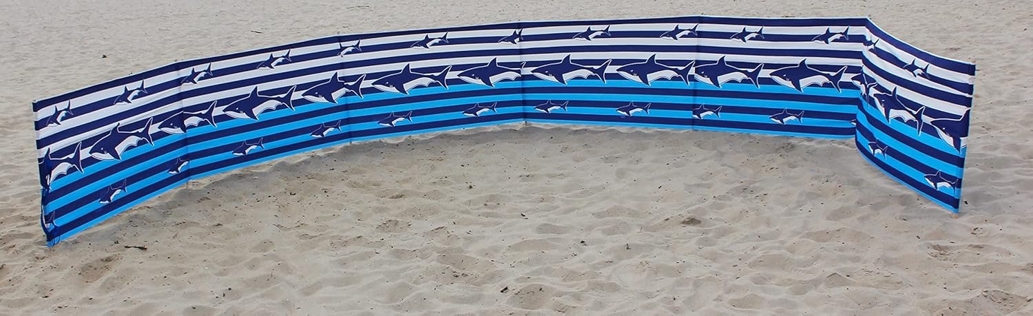 Windschutz Strand, Länge 8 Meter, in weißen, marineblauen und blauen Streifen mit Haifischen, mit Schultergurt