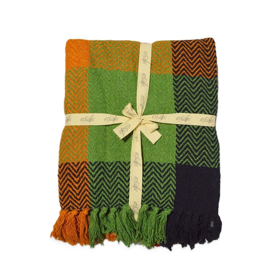 Allure Bath Fashions Check Herringbone Multicoloured Throw Blanket 100% Cotton - Hand-Woven in Green, Blue, Orange, Red & Naturals for Bedroom, Living Room, Garden (125 x 150cm)