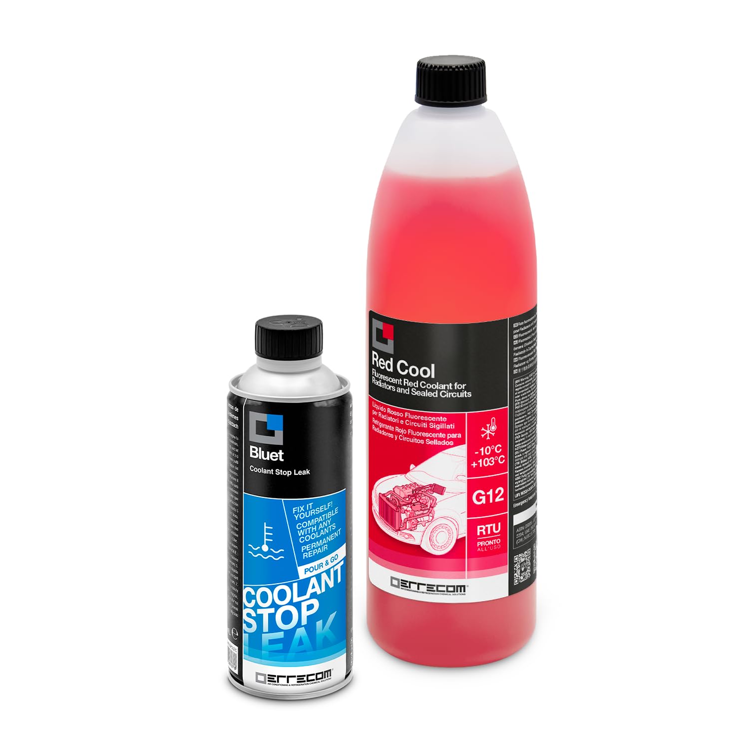 ERRECOM Kit Riparazione e Refill Impianto Raffreddamento Auto, Contiene  Bluet Turafalle Liquido Radiatore (250 mL) + Red Cool Liquido Radiatore  Rosso 