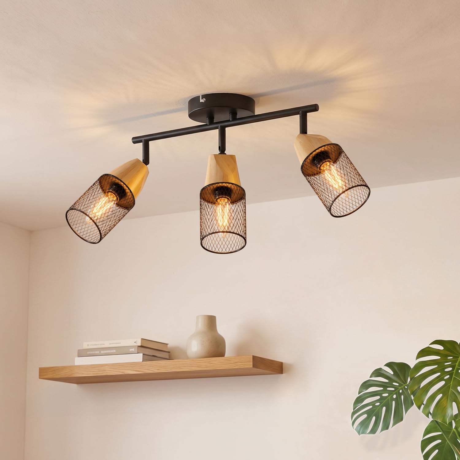 ANWIO Plafonnier LED 3 Spots, E14 Spot de Plafond Orientable, Rampe Spot LED Mural Bois,Plafonnier Industriel Couloir, Chambre, Cuisine (Sans Ampoules)
