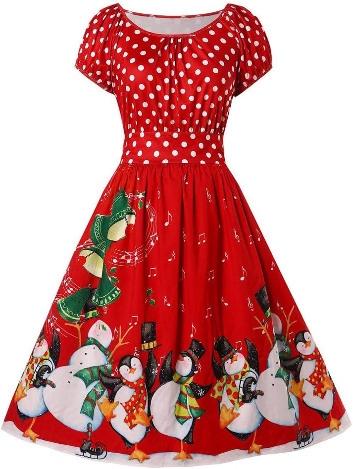 Fashion Women Vintage Plus Size Penguin Dot Print Christmas O-Neck Party Dress