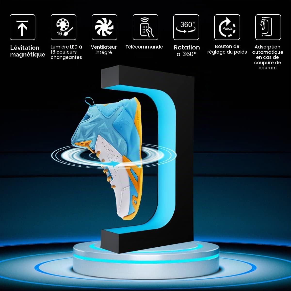 Présentoir de chaussures en lévitation, support flottant pour chaussures avec télécommande éclairage LED 16 couleurs, support magnétique rotatif pour chaussures en lévitation, décoration intérieure