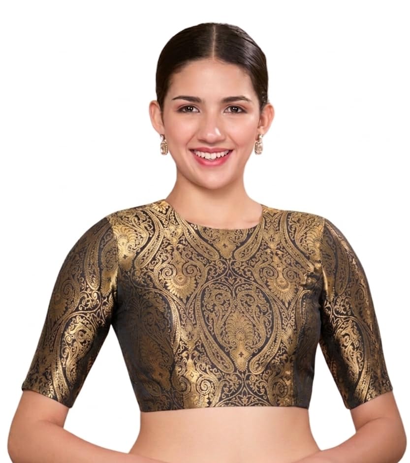 Studio Shringaar Women Brocade Silky Jewel Neck Readymade Elbow Length Sleeve Saree Blouse