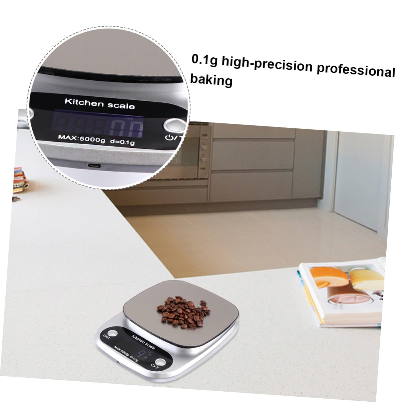Digitale Küchenwaage 5kg 0, 1g Edelstahl Wiederaufladbar für Küche | Silberne Präzisionswaage mit LCD Anzeige, Kompakt und Leicht, für Backen, Kaffee und Schmuck