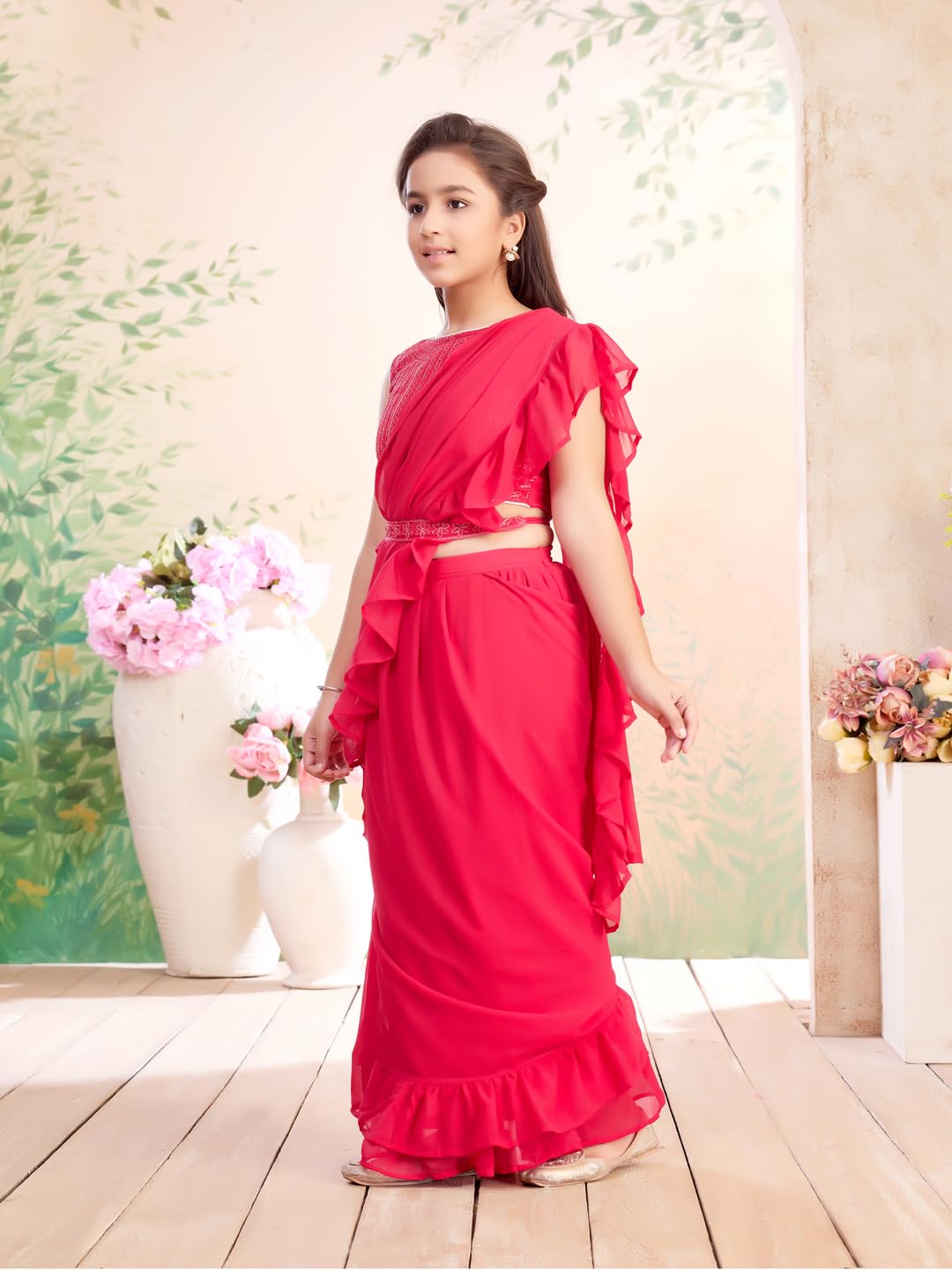 Aarika Sari z georżetą Lehenga z kolorowym haftem Rani dla dziewczynek ze zdejmowaną dupattą