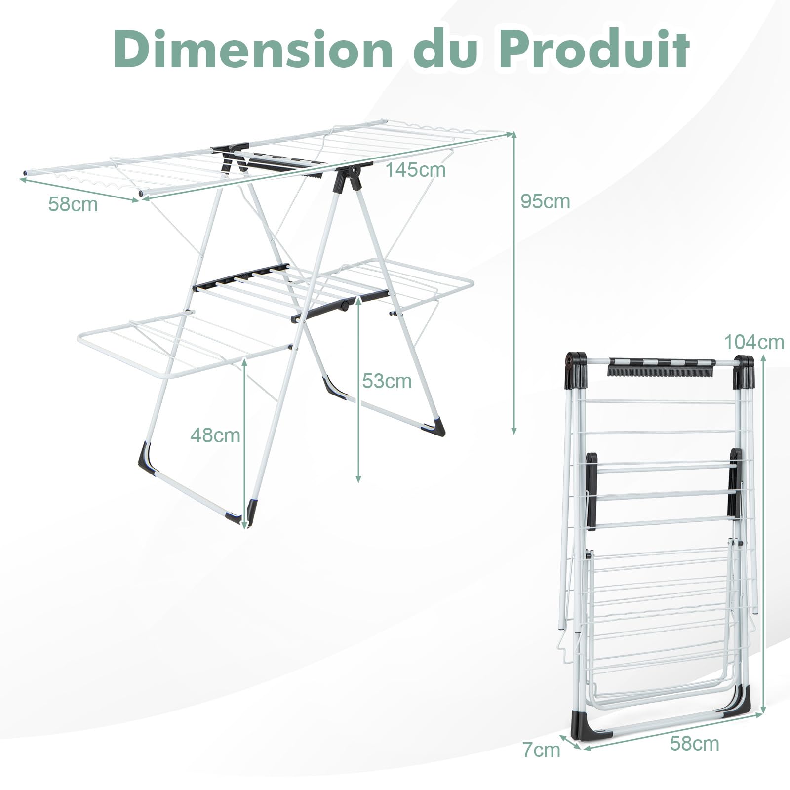 GIANTEX Étendoir à Linge Pliable à 2 Niveaux, Séchoir à Linge Pliable avec Ailes Réglables, Clips Utiles, Cadre Stable en Acier Inoxydable en Forme de ‘A’, Séchoir sur Pied pour Intérieur et Extérieur