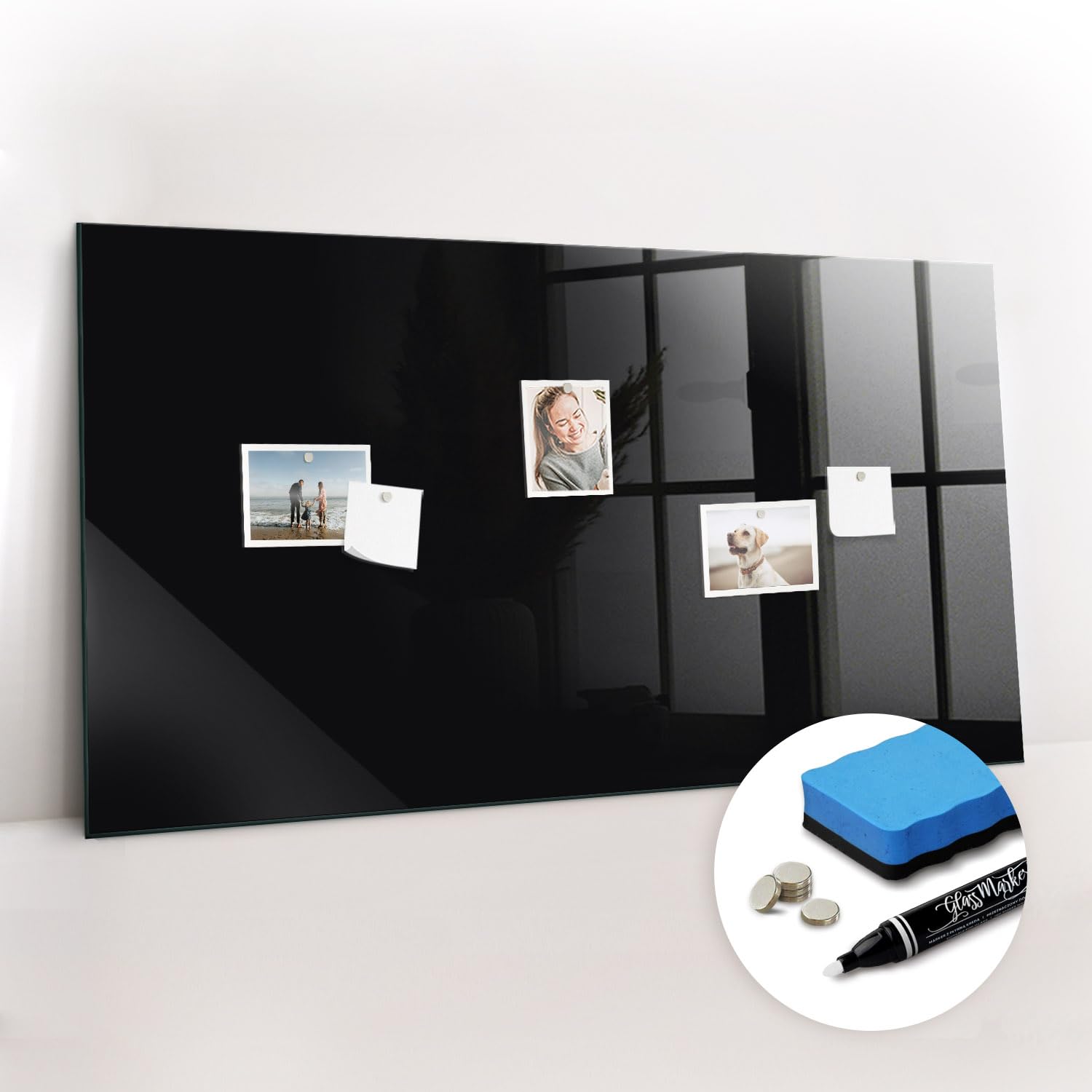 Dekorative Glas-Magnettafel | Komplettset mit Neodym-Magneten, Marker & Schwamm | Hochwertiges Sicherheitsglas | Perfekt für Notizen & Terminübersicht- 120x60 - Schwarze Farbe