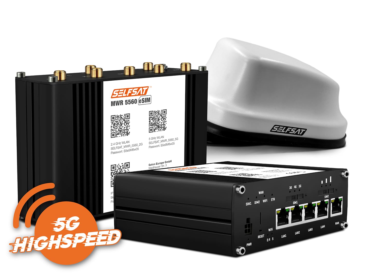 SELFSAT MWR 5560 eSIM 5G Cat 19 WLAN Router bis 3,4 Gbps inkl. SELFSAT 5G Antenne weiß
