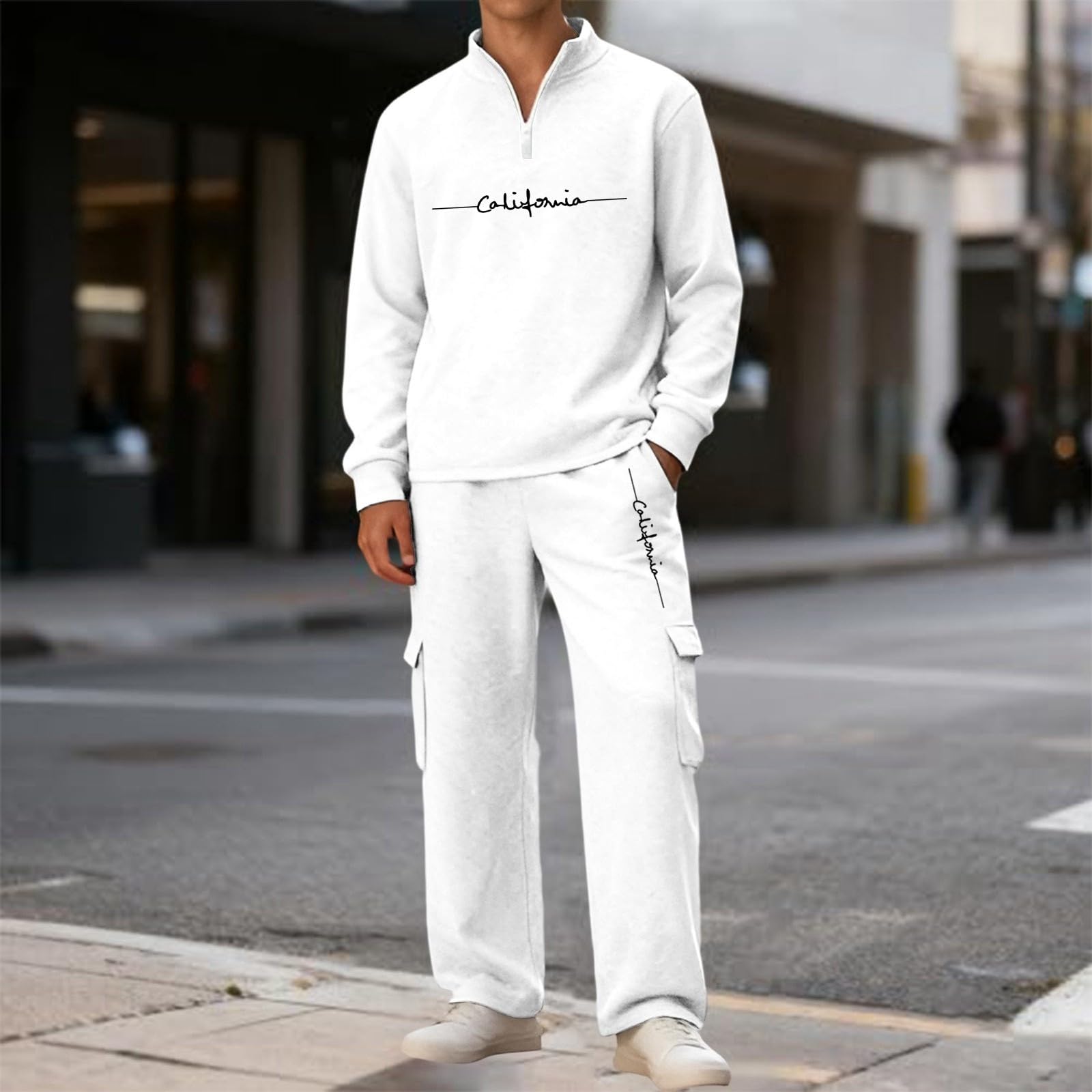 Tuta da jogging da uomo, in cotone, lunga, set da 2 pezzi, con felpa e pantaloni cargo, alla moda, con stampa, per attività all'aperto, casual, streetwear, morbida, per il tempo libero