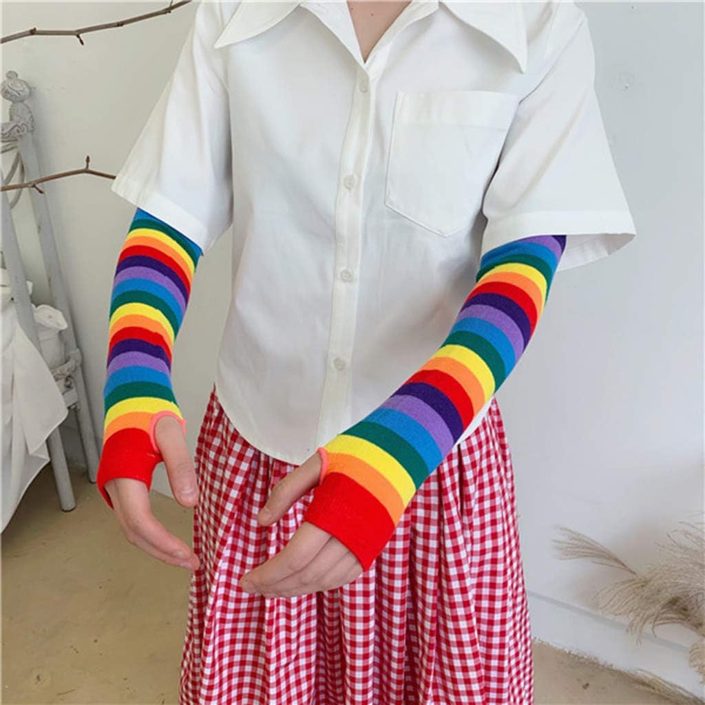 Women Elbow Length Fingerless Arm Sleeve Warmer Rainbow Colored Striped Knit Sunscreen Halloween Costume Gloves