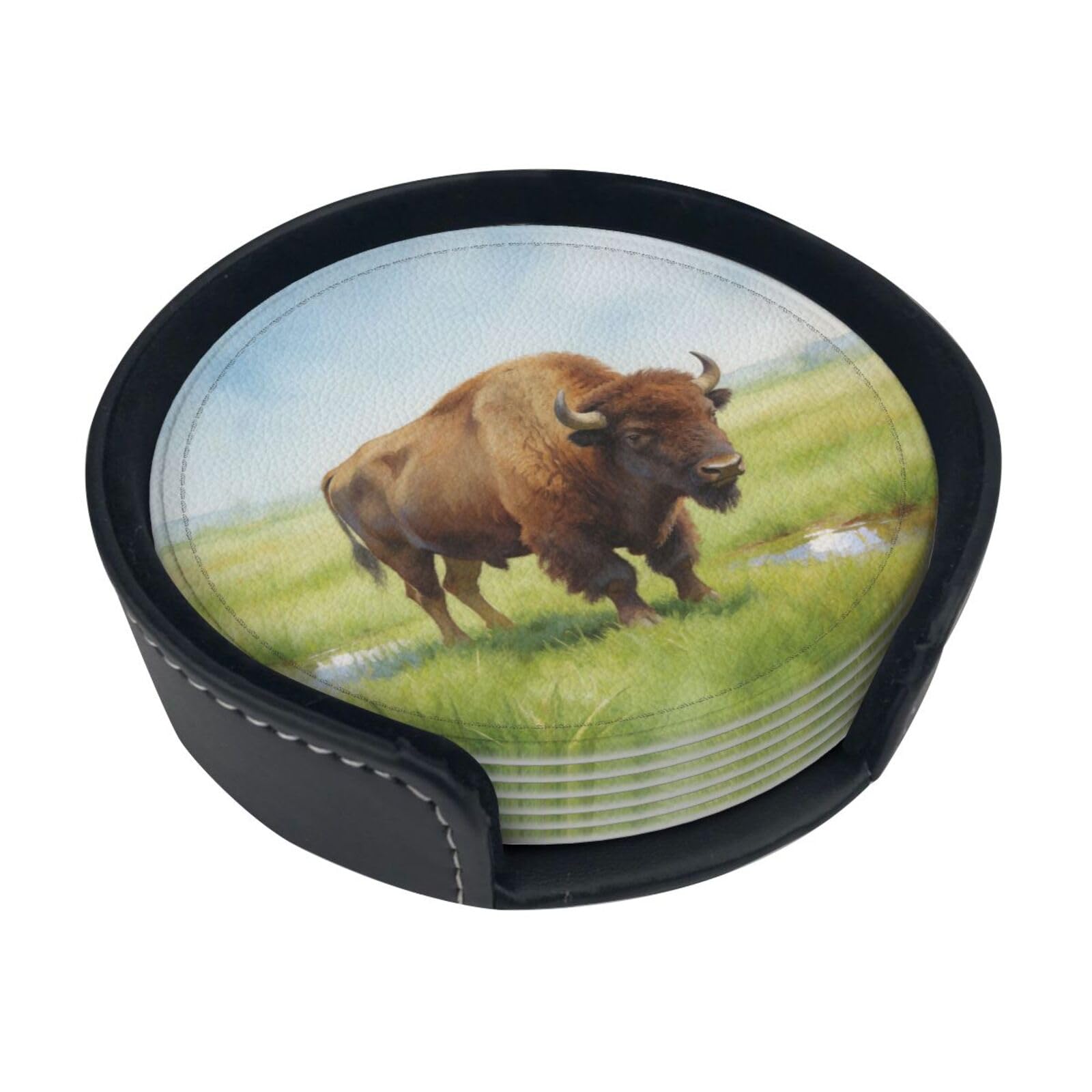 Cntdbu White Watercolor Bison Prairie Leather Coasters Set Of 6-Pu Leather Drink Mats For Table, Heat Resistant Round Coasters With Holder