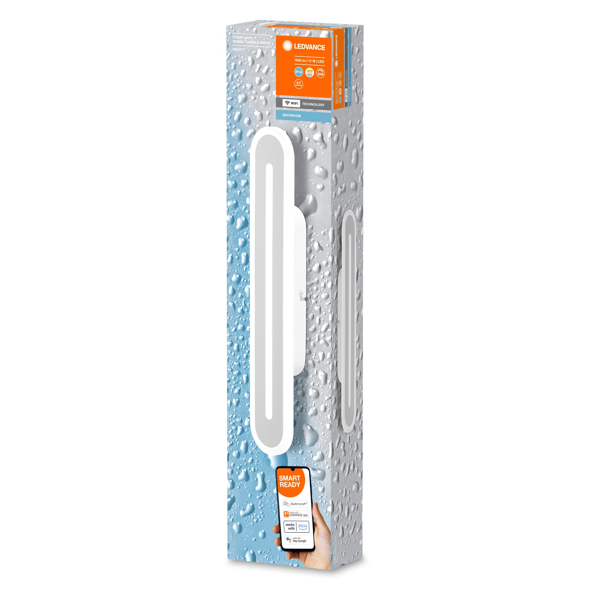 LEDVANCE Smart LED bathroom light white, 1600LM, 3000-6500K, 400mm x 70mm, IP44, Orbis Bath wall light, luz de baño con tecnología wifi, regulable, controlable mediante app y asistente de voz