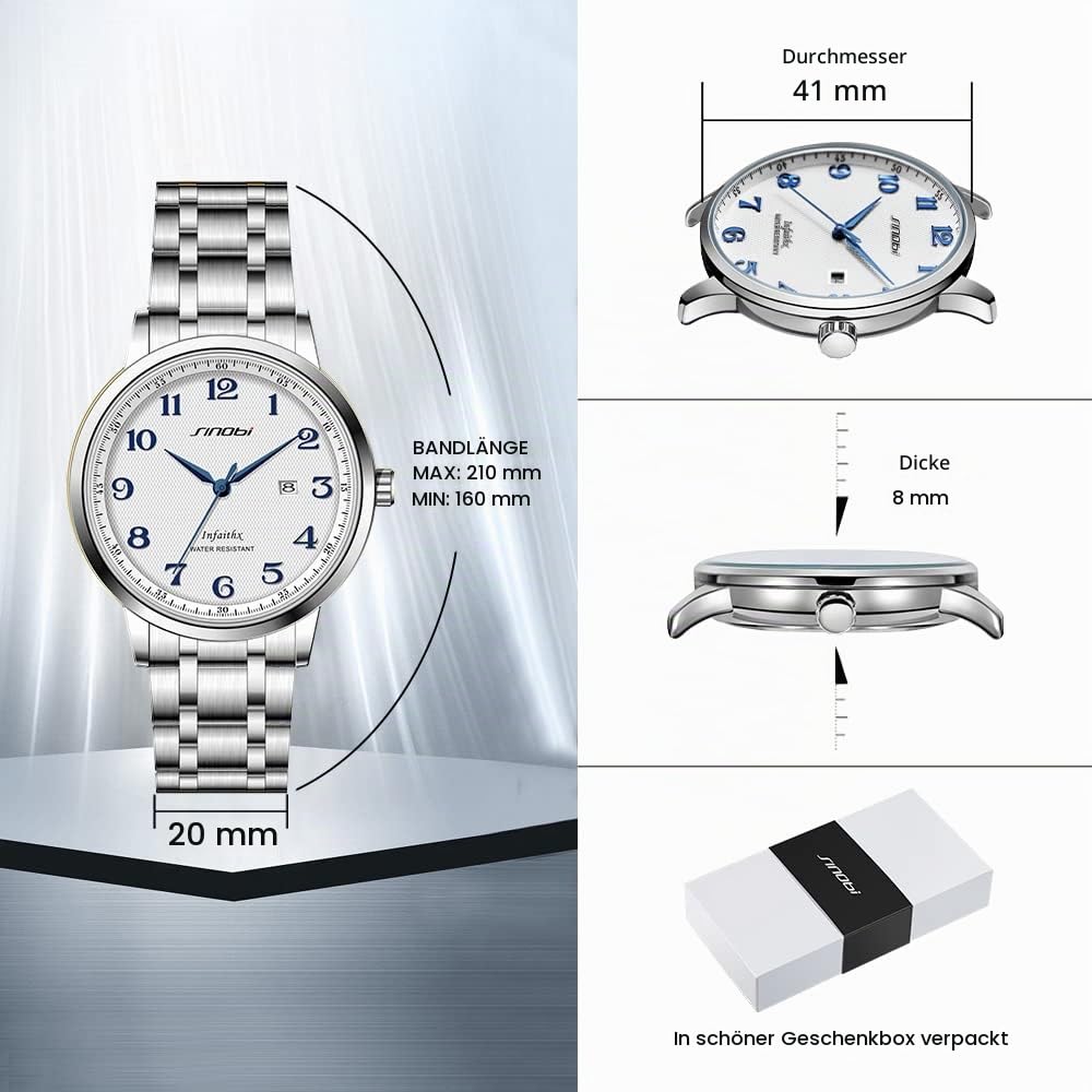 SINOBI Klassisches Geschäft Herrenuhren Arabische Ziffern Easy Reader Armbanduhren für Männer mit Kalenderdatum Wasserdicht