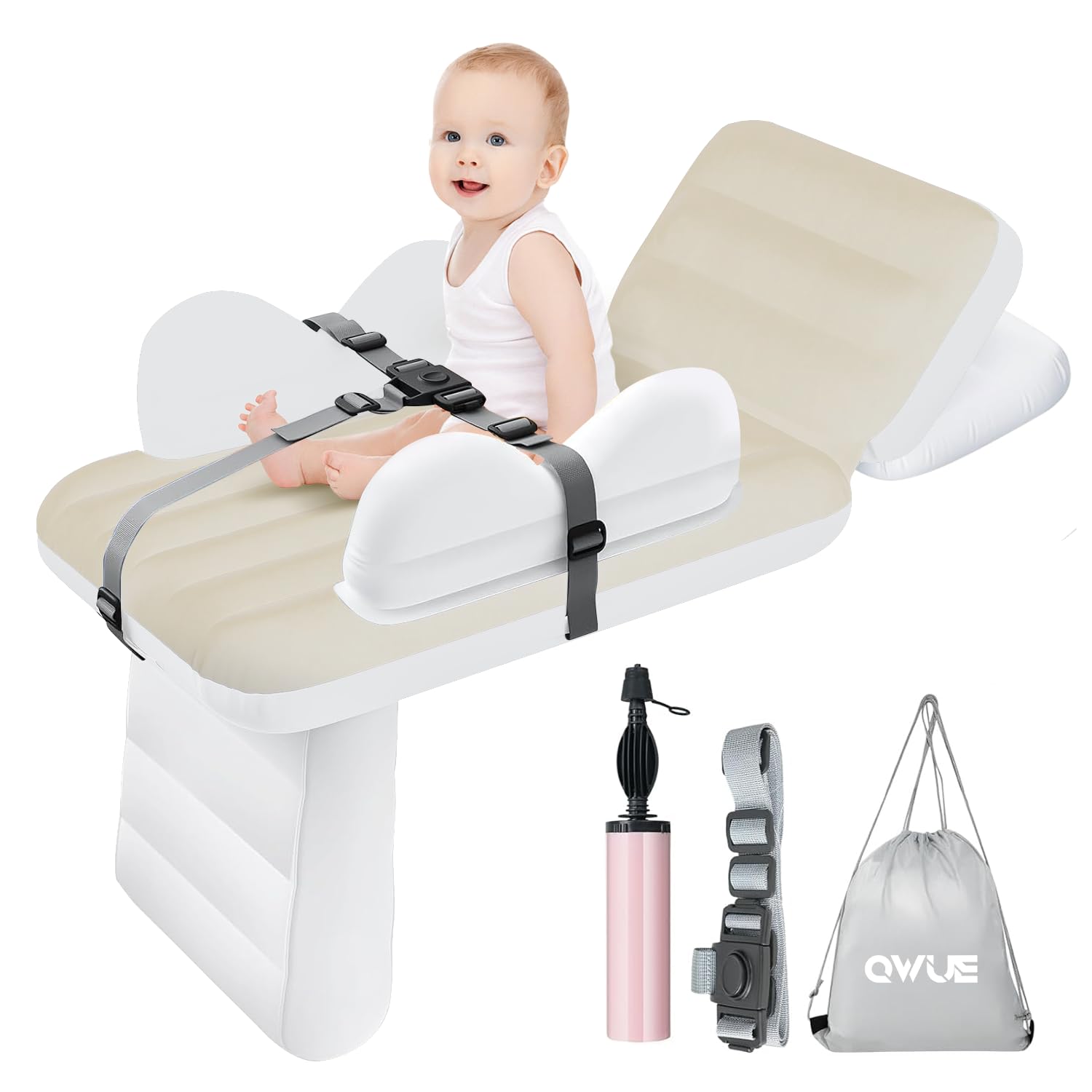 QWUE Inflatable Toddler Airplane Bed for Kids, Baby Air Plane Seat Extender, Blow Up Air Mattress for Child Plane Travel Sleep Bed with Safety Belt,