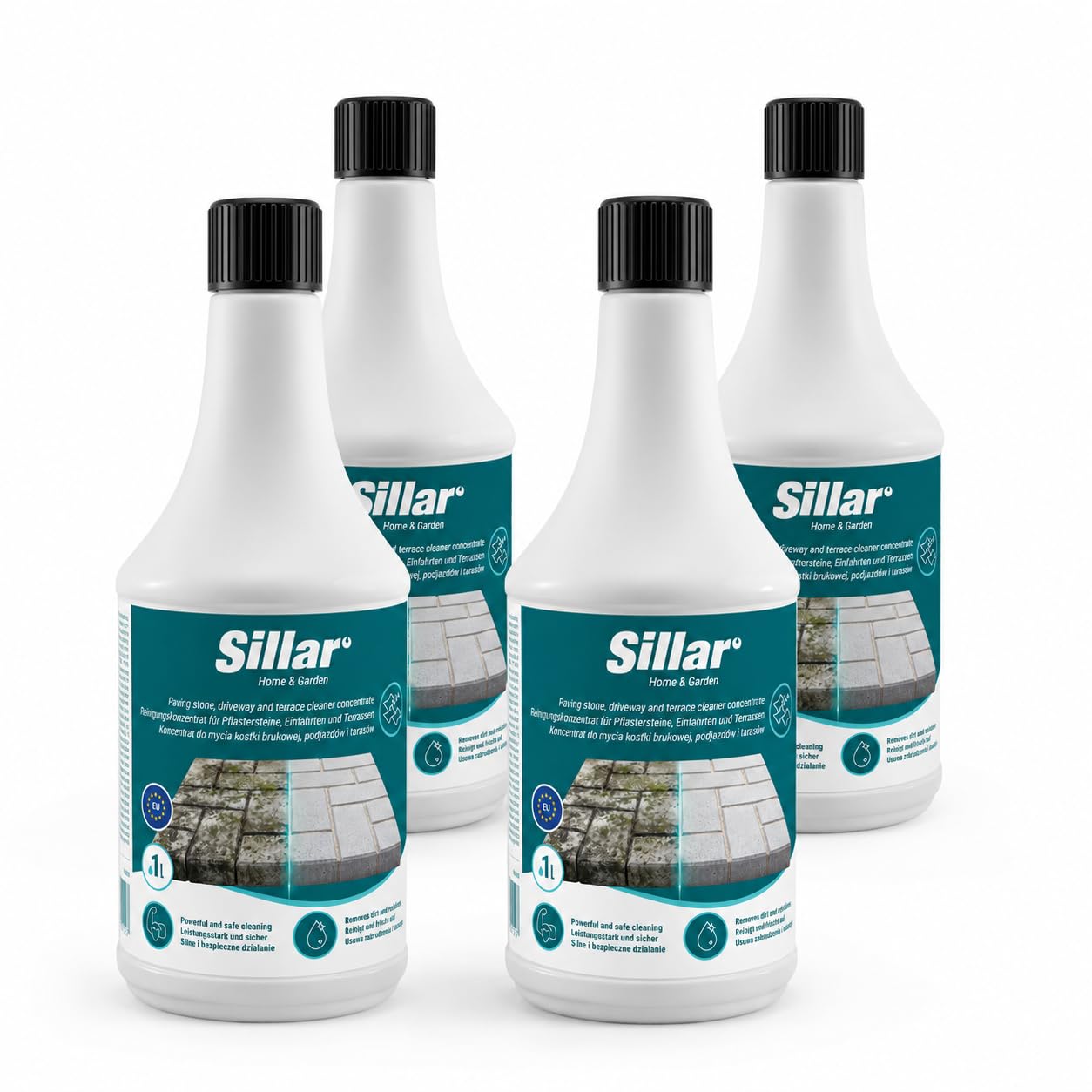 Sillar Detergente Pietra Concentrato 4 x 1 l per Pavimenti Esterni, Autobloccanti e Terrazze, contro Olio, Muschio, Patina Verde, Sporco Ostinato, per Idropulitrice, Spruzzatore, Spazzola