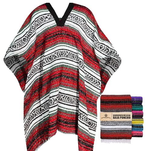 Artisans Bazaar Mexican Poncho for Men & Women Authentic Serape Blanket Warm Cotton Fabric Western Cowboy Style Jorongo Gaban Baja Hoodie Lightweight Outdoor Hiking Festival Poncho Red