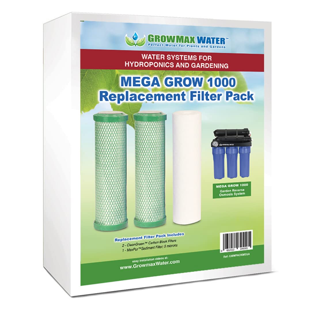 Packung mit 3 Filtern für Mega Grow 1000-Geräte. 2 Kohleblockfilter + 1 5-Mikron-Sedimentfilter. Entfernt Sedimente aus Wasser, Schlamm usw. GrowMax-Wasser.