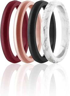 ROQ Silicone Wedding Ring for Women, Set of 4 Thin Stackable Silicone Rubber Wedding Bands Point- Maroon, Rose Gold, Marble, Black - Size 6