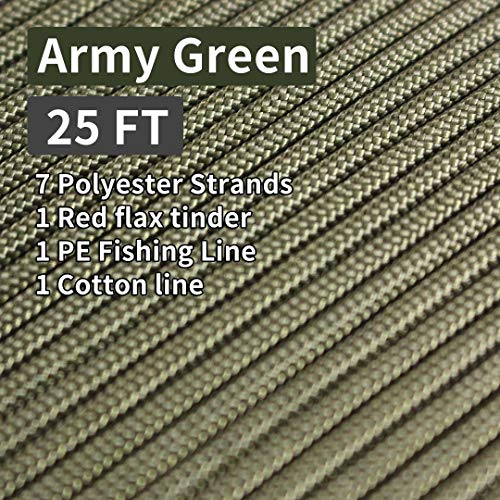 PSKOOK New Paracord Fuegos Starter Cord La Cuerda de Paracaídas de Nailon para Kit de Supervivencia Fire Cord con Yute Encerada la línea de Pesca y el Hilado de algodón (Army Green, 25FT)