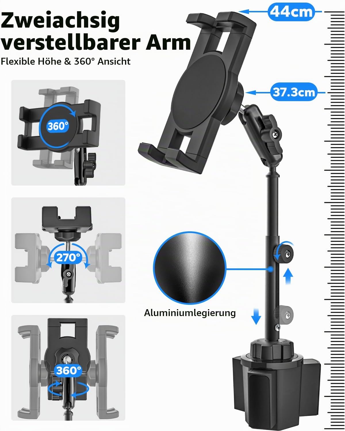GDZN Tablet Halterung für Auto Getränkehalter, [Höhenverstellbar] PKW LKW Becherhalter iPad Halterung mit Metall Teleskopierbar Arm für iPad Pro 12.9, Samsung Tabs, Fire, iPhone, 4.7-15.6" Geräte
