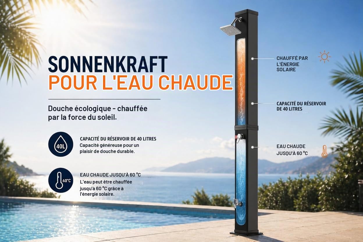 Douche Solaire Douche de Jardin 40 litres - Chaude avec Robinet et Pommeau de Douche Réglable Max. 60°C - sans raccordement électrique Extérieure Piscine Plage Jardin - Ocean en Noir
