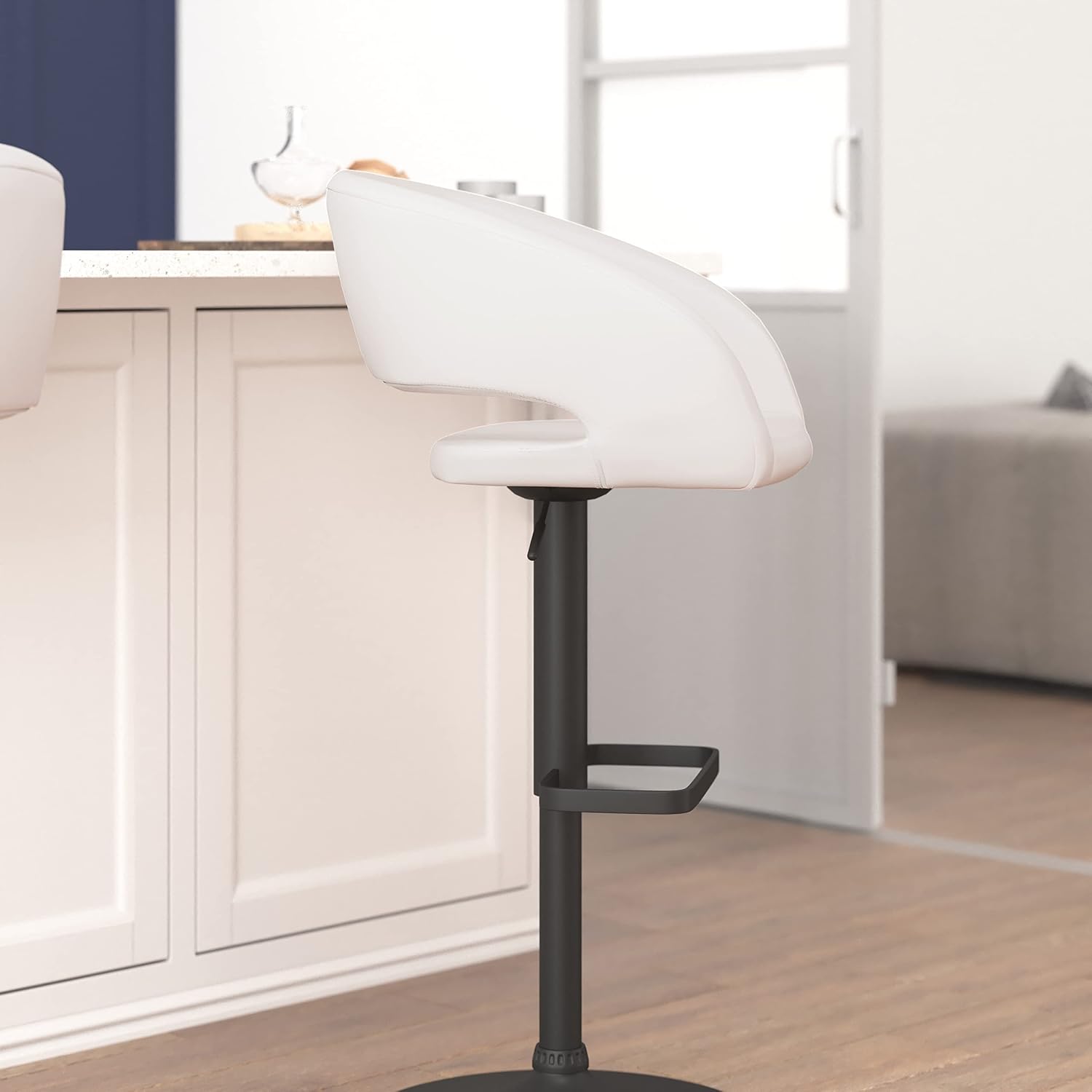 EMMA + OLIVER Shae Adjustable Height Barstool - White Vinyl Upholstery - Rounded Cutout Mid-Back - Foam Padding - Swivel Seat - Black Pedestal Base