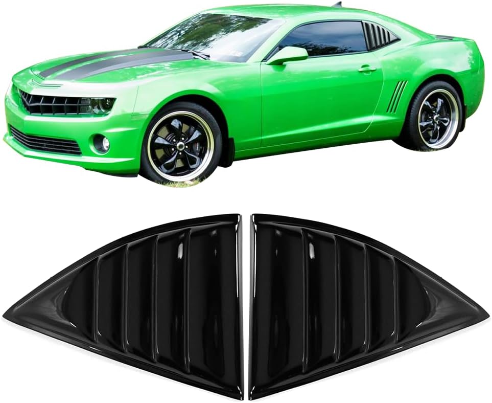 IKON MOTORSPORTS, Side Window Louver Compatible with 2010-2015 Chevy Camaro Coupe, Gloss Black Sun Shade Cover Windshield Scoop Pair, 2011 2012 2013 2014